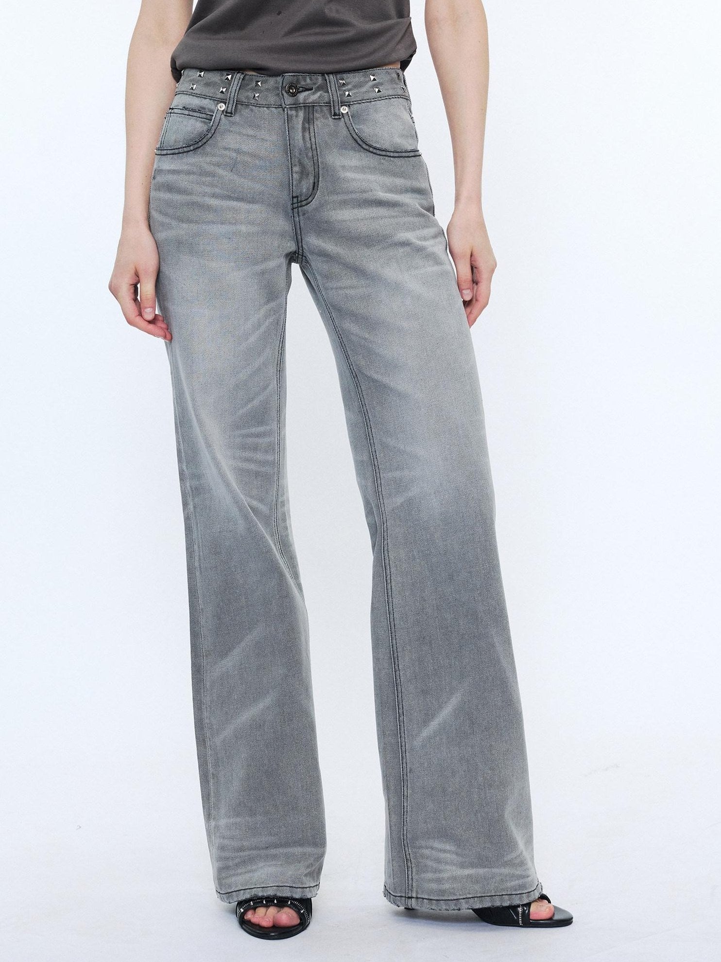 2th Desire Studded Punk Rivet Natural Waist Button Fly Gray Cotton Women Straight Jeans