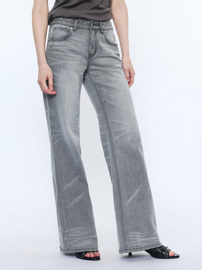 2th Desire Studded Punk Rivet Natural Waist Button Fly Gray Cotton Women Straight Jeans