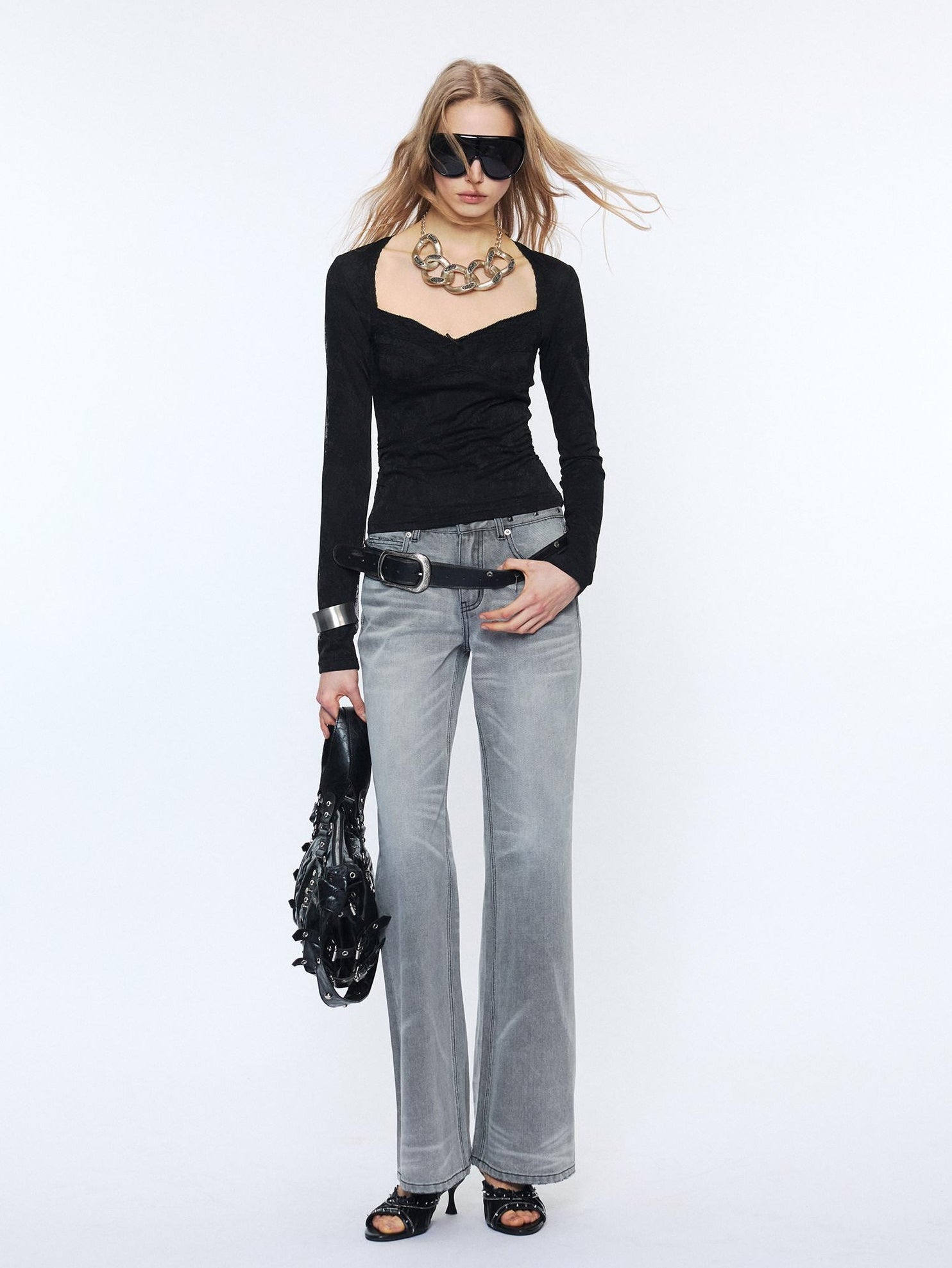 2th Desire Studded Punk Rivet Natural Waist Button Fly Gray Cotton Women Straight Jeans
