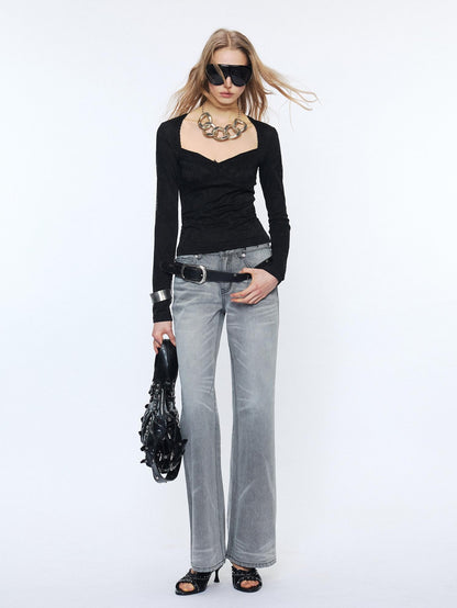 2th Desire Studded Punk Rivet Natural Waist Button Fly Gray Cotton Women Straight Jeans