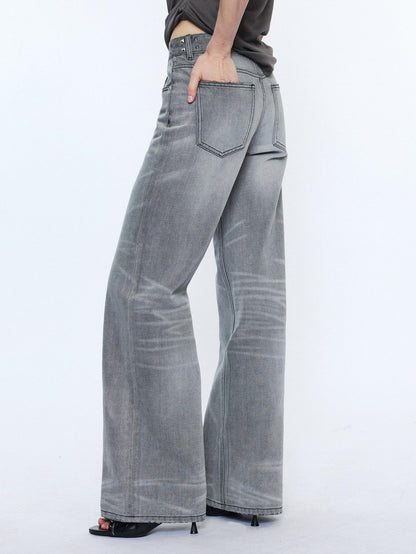 2th Desire Studded Punk Rivet Natural Waist Button Fly Gray Cotton Women Straight Jeans
