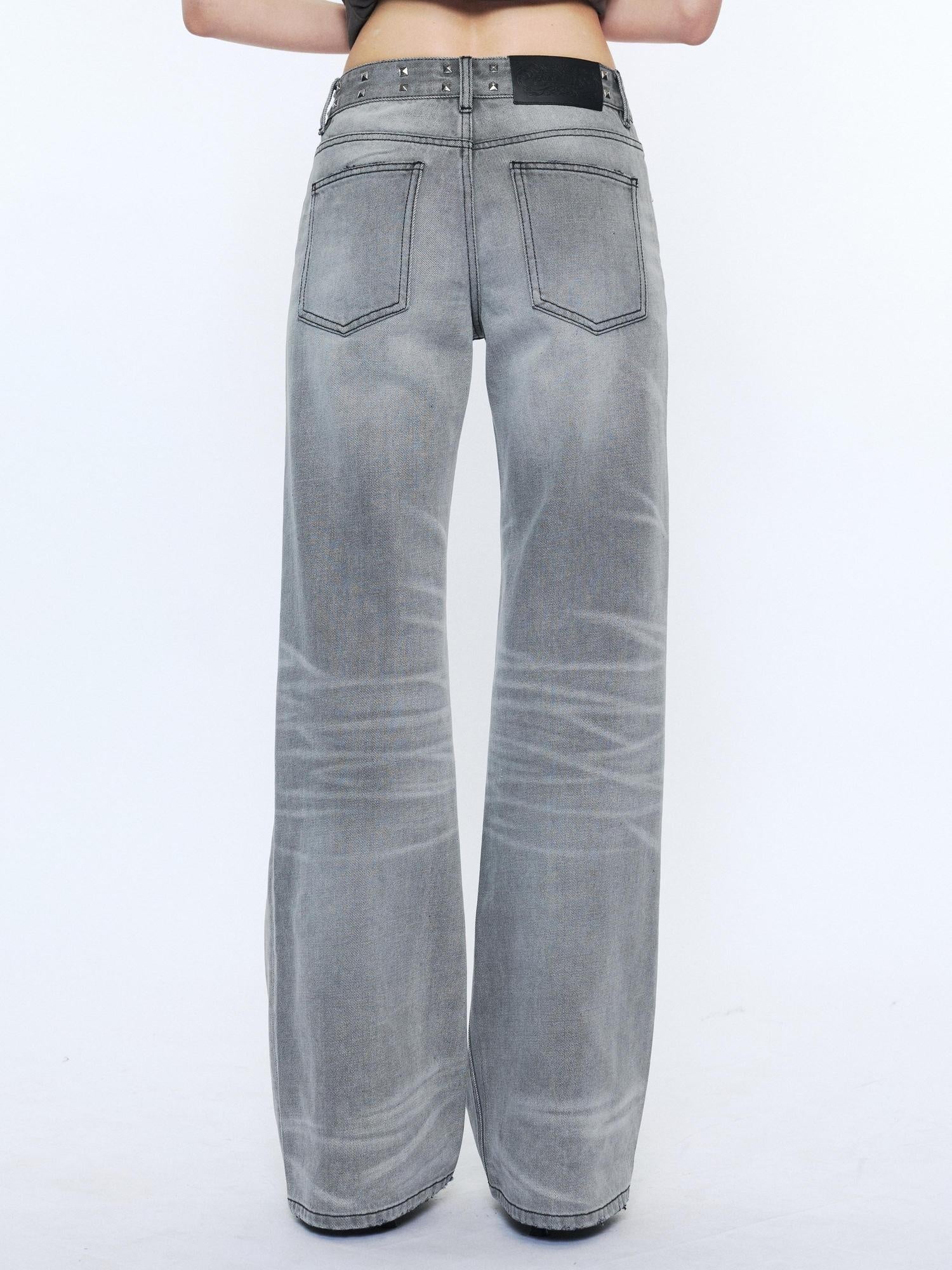 2th Desire Studded Punk Rivet Natural Waist Button Fly Gray Cotton Women Straight Jeans