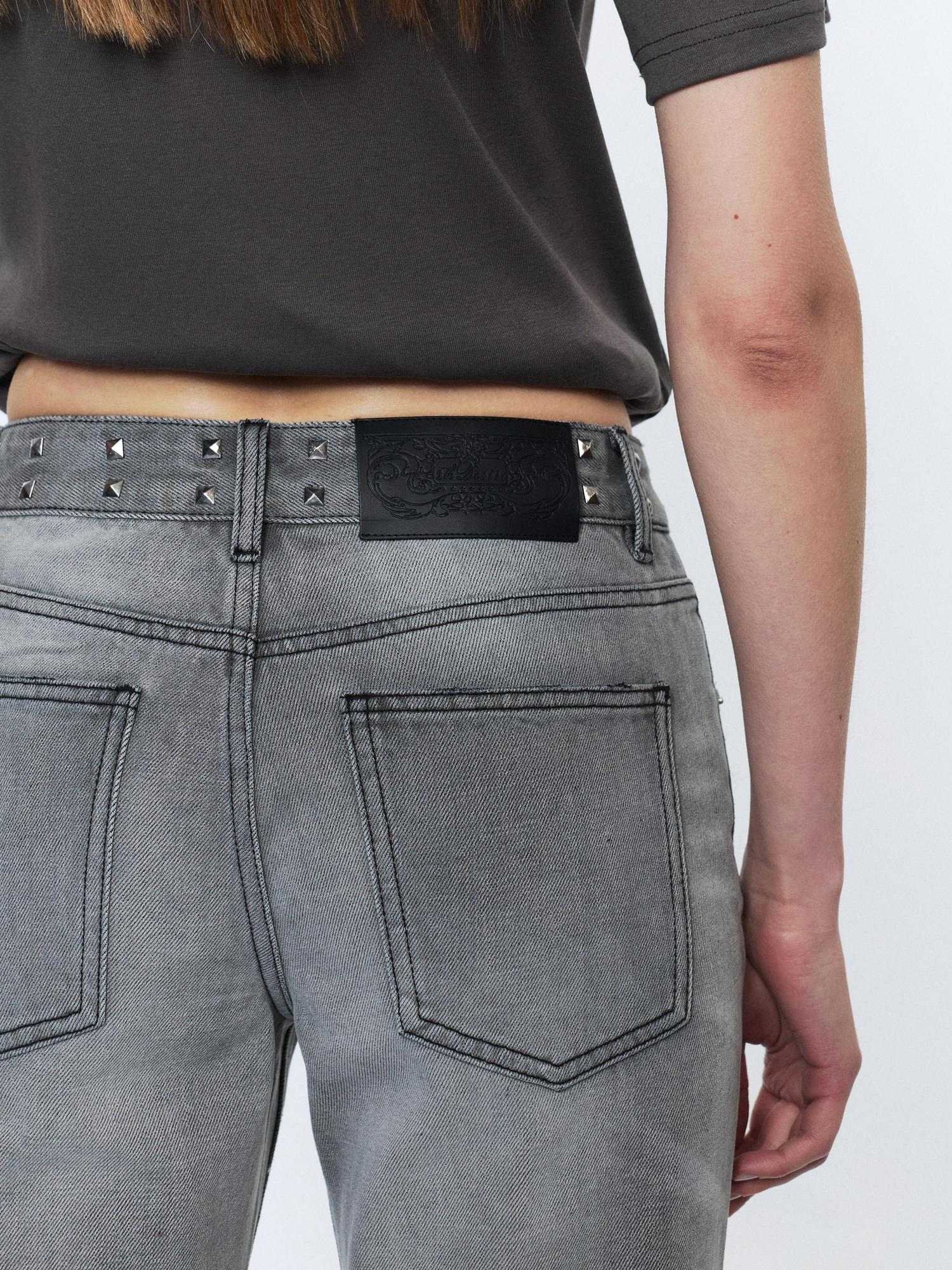 2th Desire Studded Punk Rivet Natural Waist Button Fly Gray Cotton Women Straight Jeans