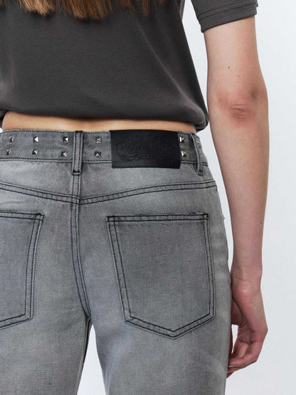 2th Desire Studded Punk Rivet Natural Waist Button Fly Gray Cotton Women Straight Jeans