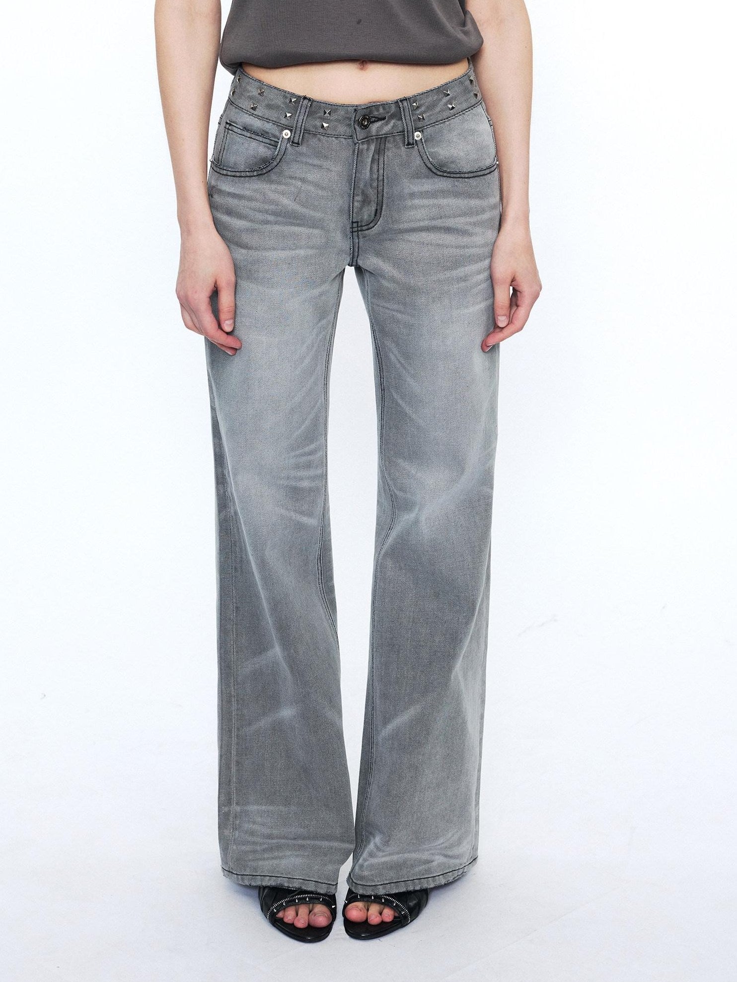2th Desire Studded Punk Rivet Natural Waist Button Fly Gray Cotton Women Straight Jeans