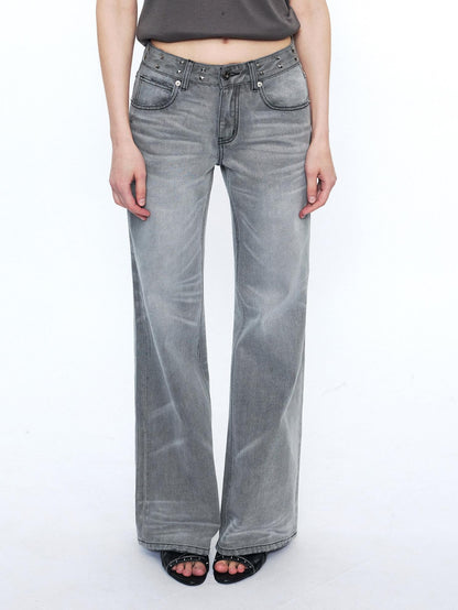 2th Desire Studded Punk Rivet Natural Waist Button Fly Gray Cotton Women Straight Jeans