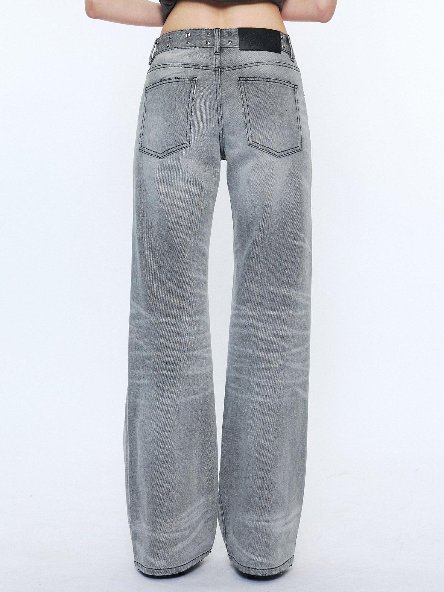 2th Desire Studded Punk Rivet Natural Waist Button Fly Gray Cotton Women Straight Jeans