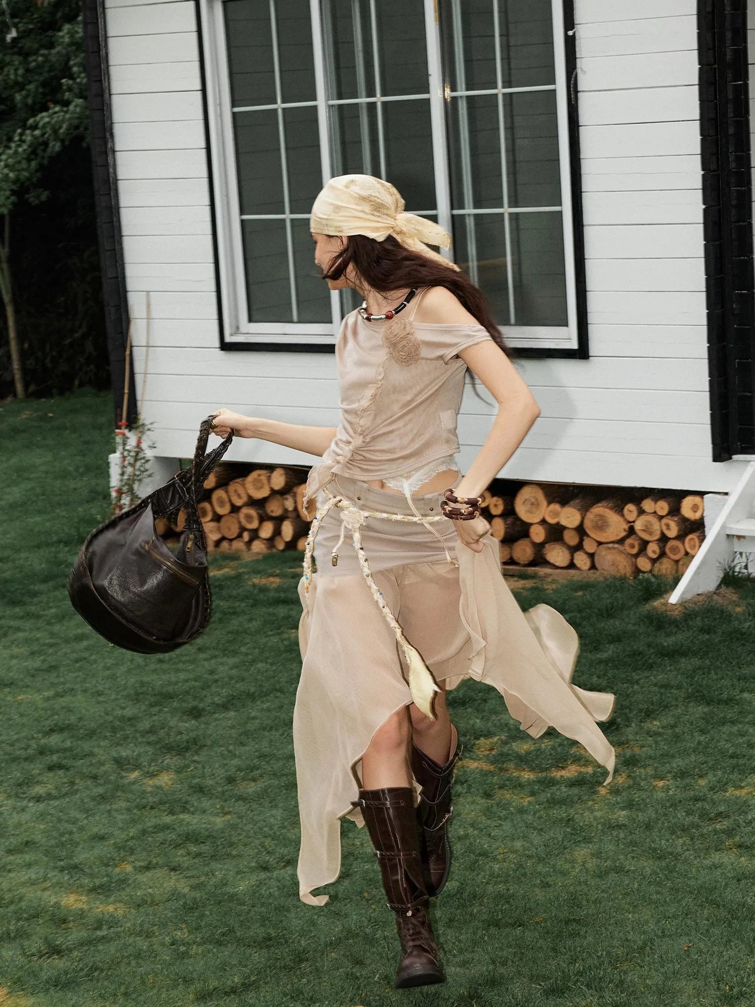 Textured Pleated Plaid Mesh Asym Hem Chiffon Maxi Skirt