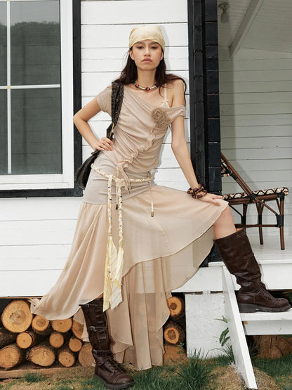 Textured Pleated Plaid Mesh Asym Hem Chiffon Maxi Skirt