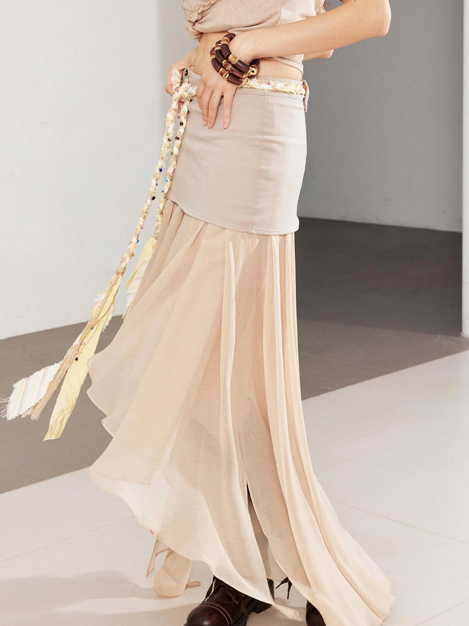 Textured Pleated Plaid Mesh Asym Hem Chiffon Maxi Skirt