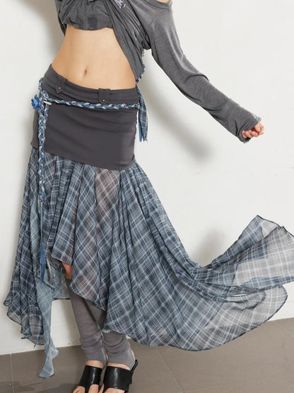 Textured Pleated Plaid Mesh Asym Hem Chiffon Maxi Skirt