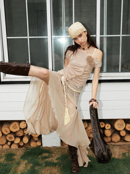 Textured Pleated Plaid Mesh Asym Hem Chiffon Maxi Skirt