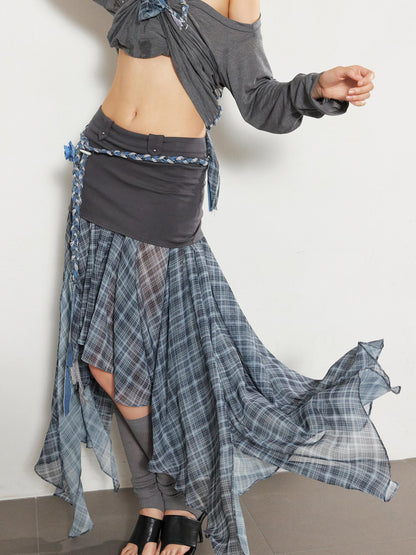 2th Desire Textured Pleated Plaid Mesh Asym Hem Chiffon Maxi Skirt