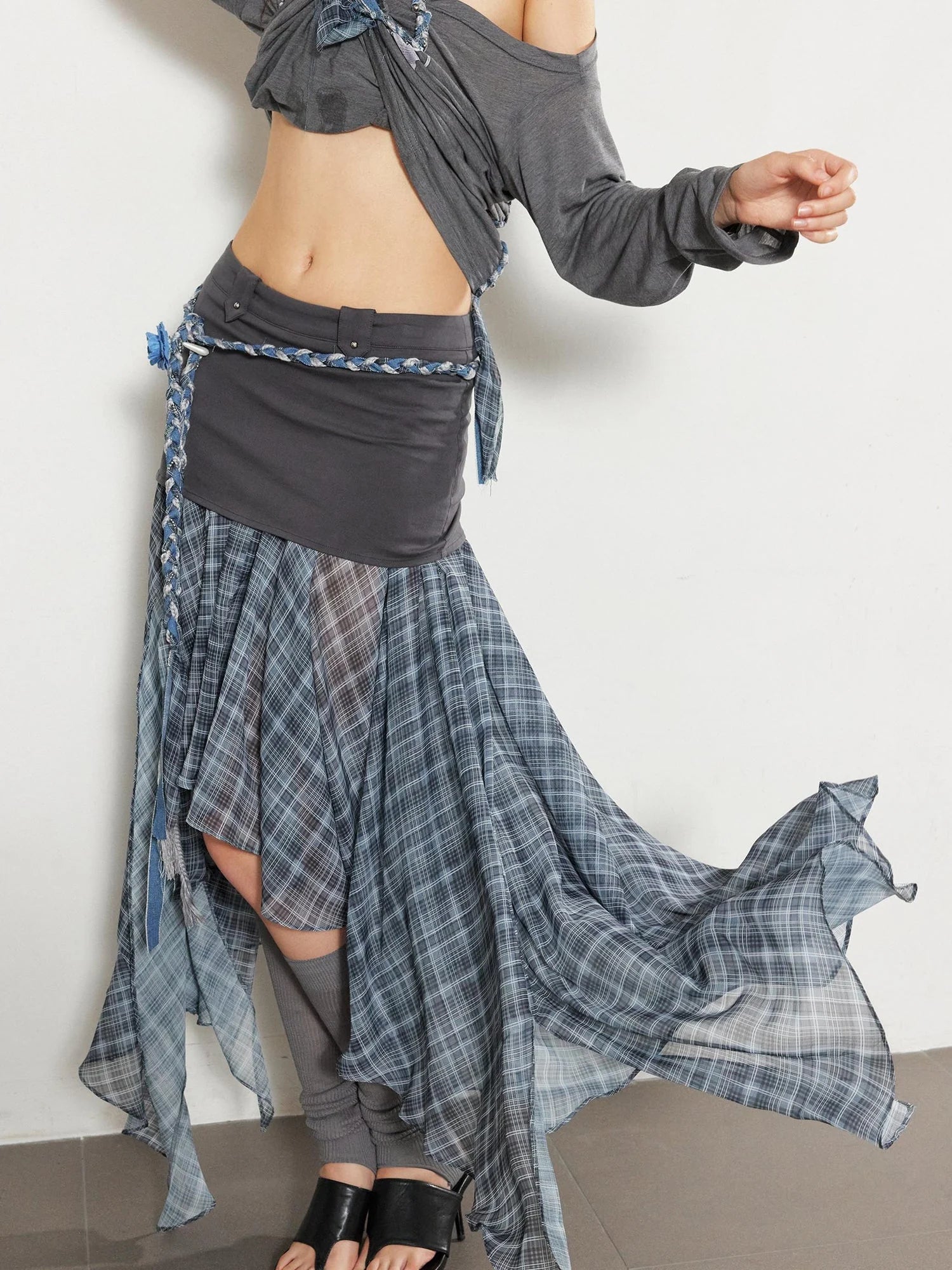 Textured Pleated Plaid Mesh Asym Hem Chiffon Maxi Skirt