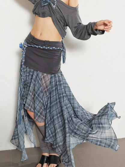 Textured Pleated Plaid Mesh Asym Hem Chiffon Maxi Skirt