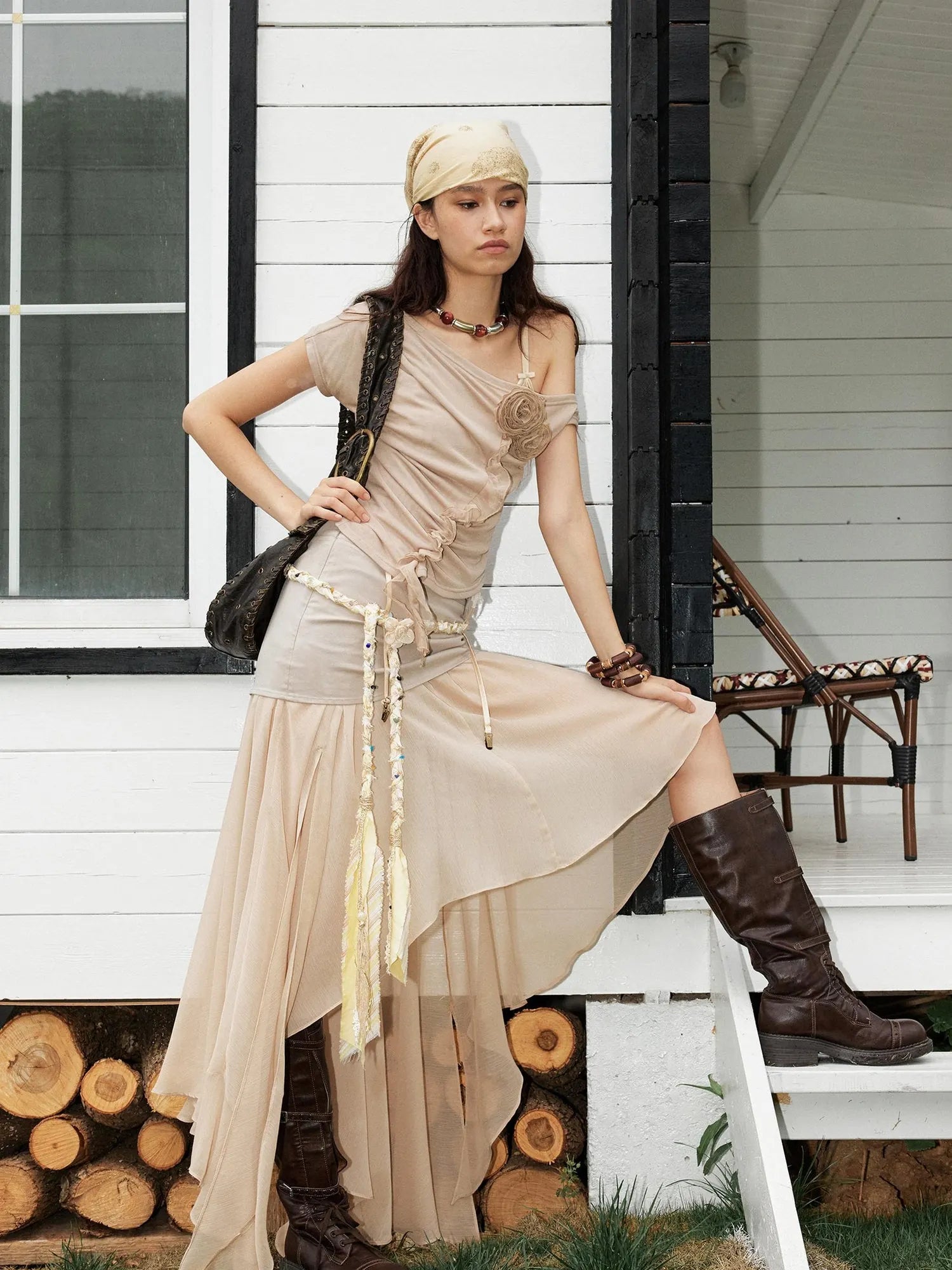 Textured Pleated Plaid Mesh Asym Hem Chiffon Maxi Skirt