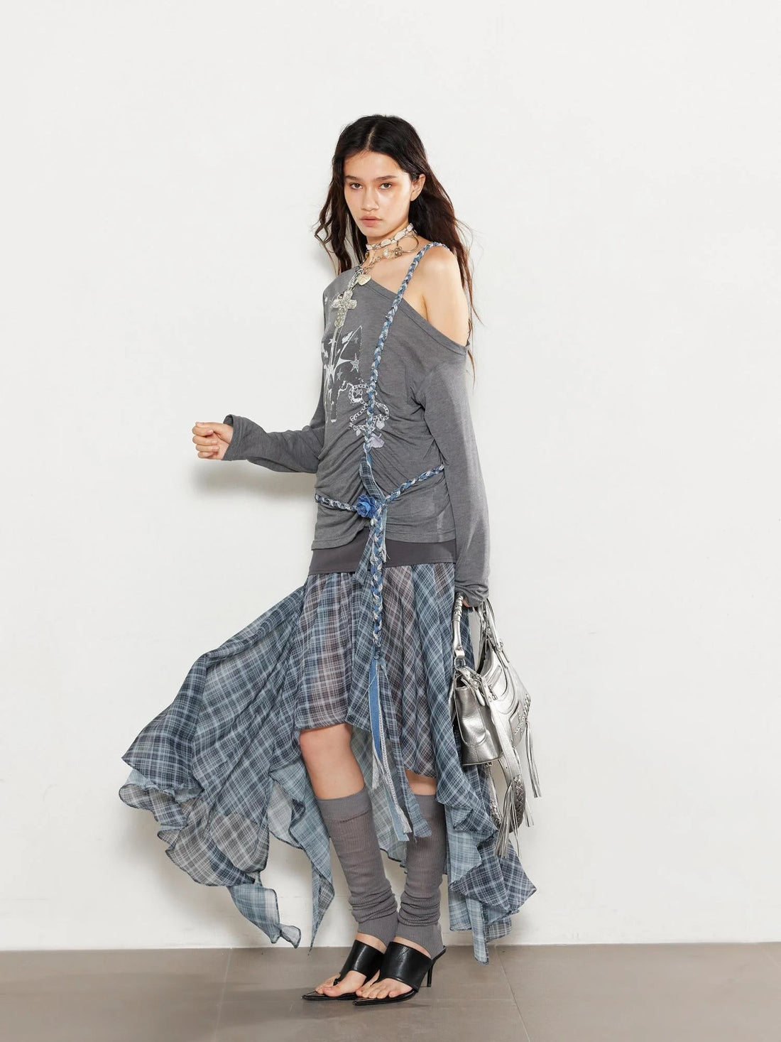 Textured Pleated Plaid Spliced Vagabond Chiffon Maxi Skirt