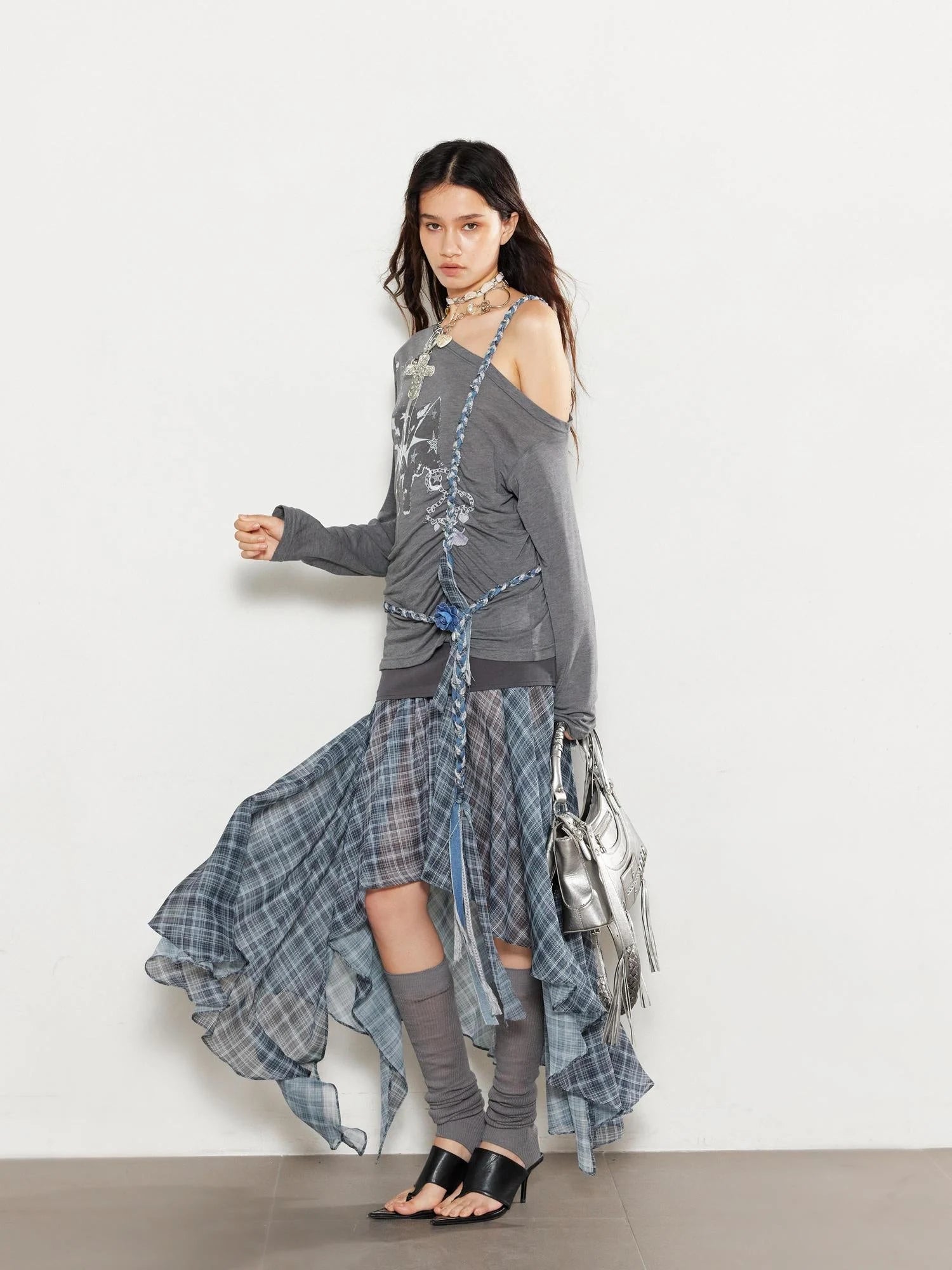 Textured Pleated Plaid Spliced Vagabond Chiffon Maxi Skirt