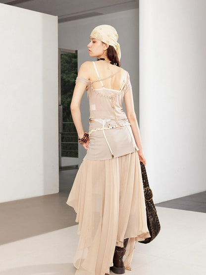 Textured Pleated Plaid Spliced Vagabond Chiffon Maxi Skirt