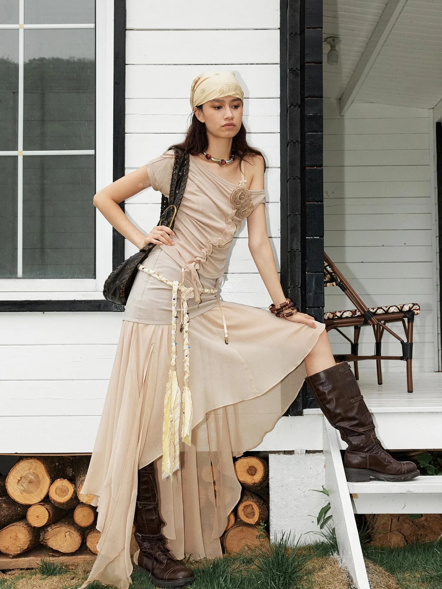 Textured Pleated Plaid Spliced Vagabond Chiffon Maxi Skirt