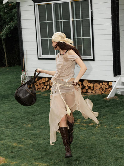 Textured Pleated Plaid Spliced Vagabond Chiffon Maxi Skirt