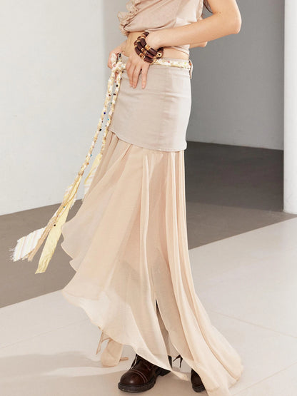 Textured Pleated Plaid Spliced Vagabond Chiffon Maxi Skirt