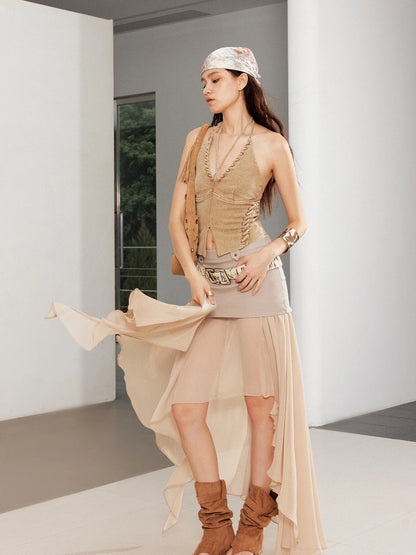 Textured Pleated Plaid Spliced Vagabond Chiffon Maxi Skirt