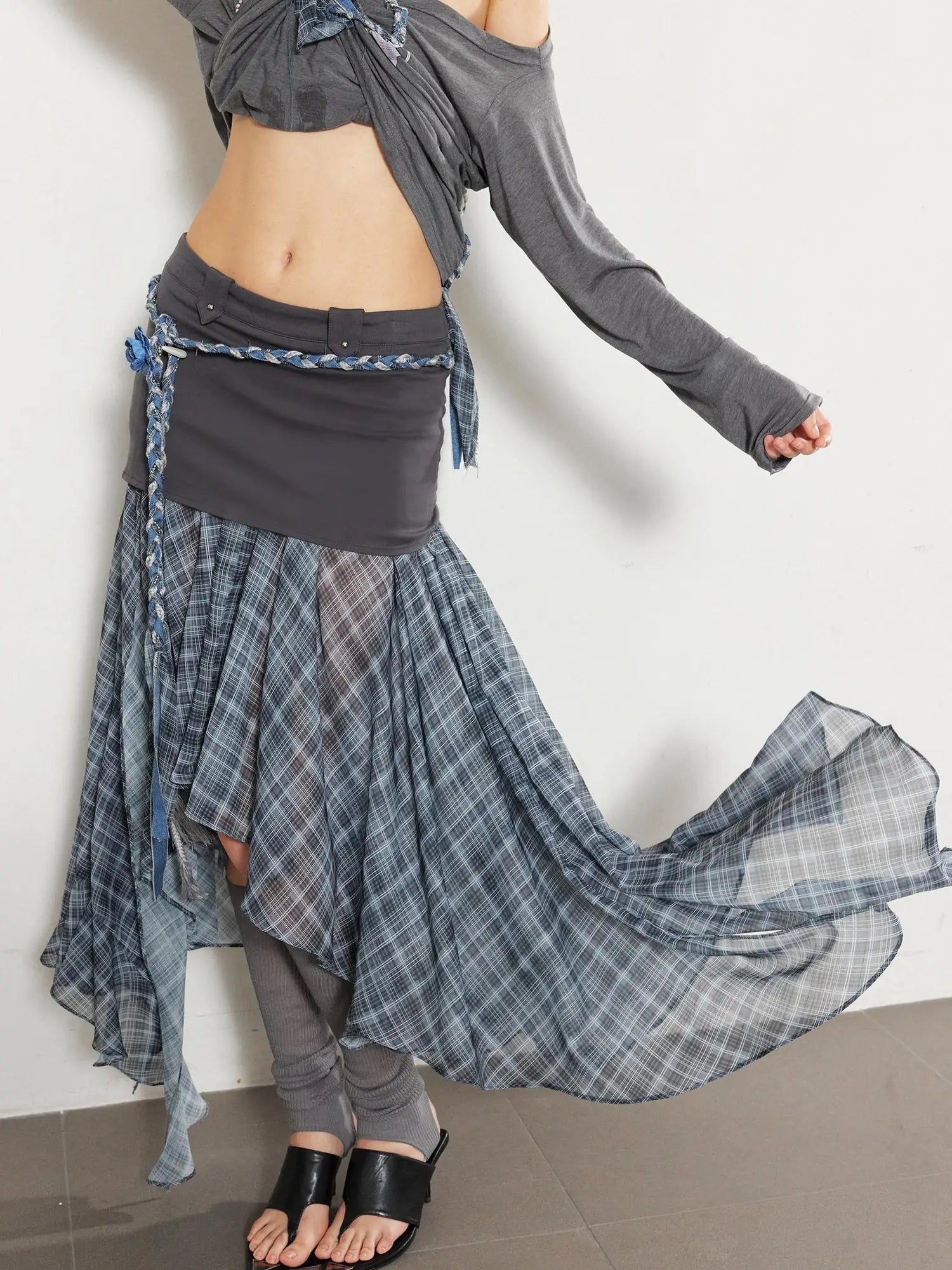 Textured Pleated Plaid Spliced Vagabond Chiffon Maxi Skirt