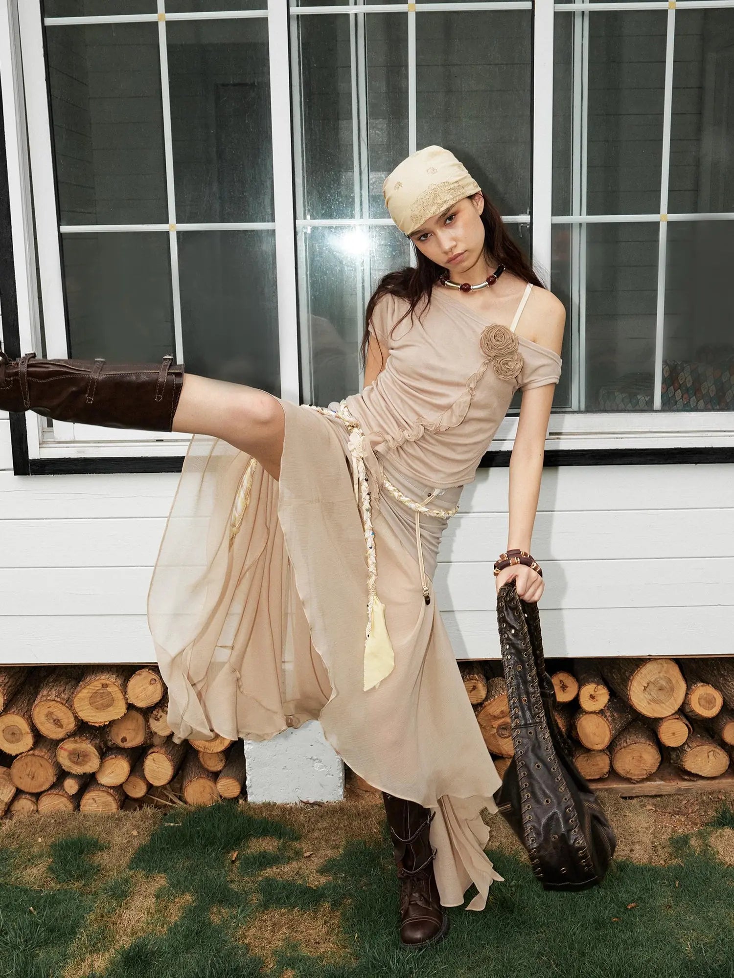 Textured Pleated Plaid Spliced Vagabond Chiffon Maxi Skirt