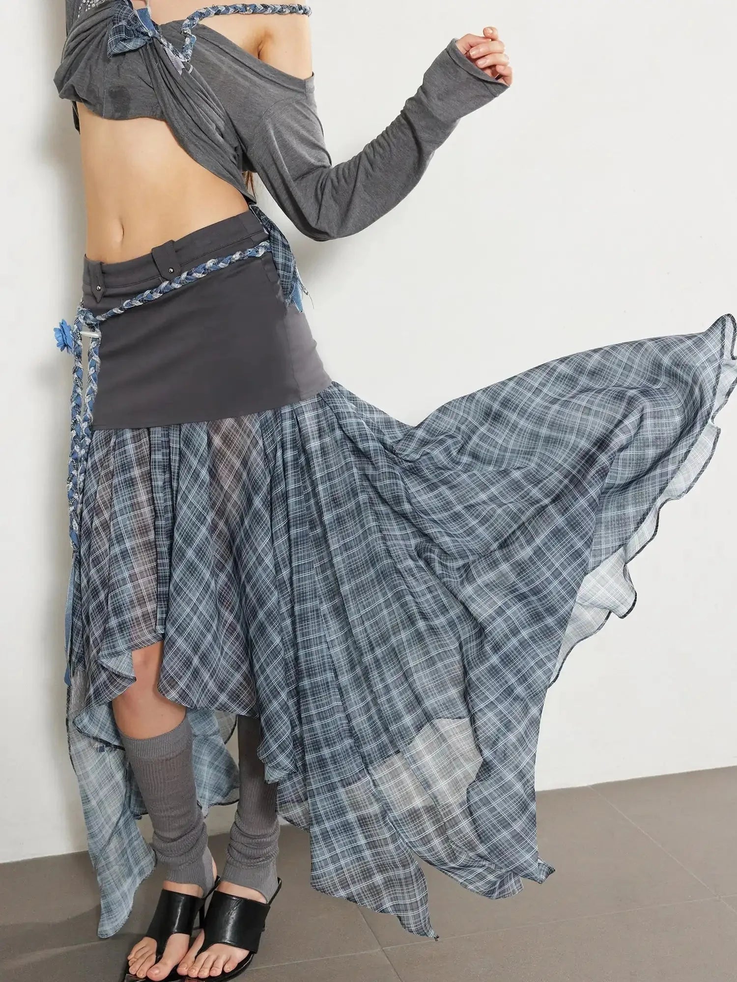 Textured Pleated Plaid Spliced Vagabond Chiffon Maxi Skirt