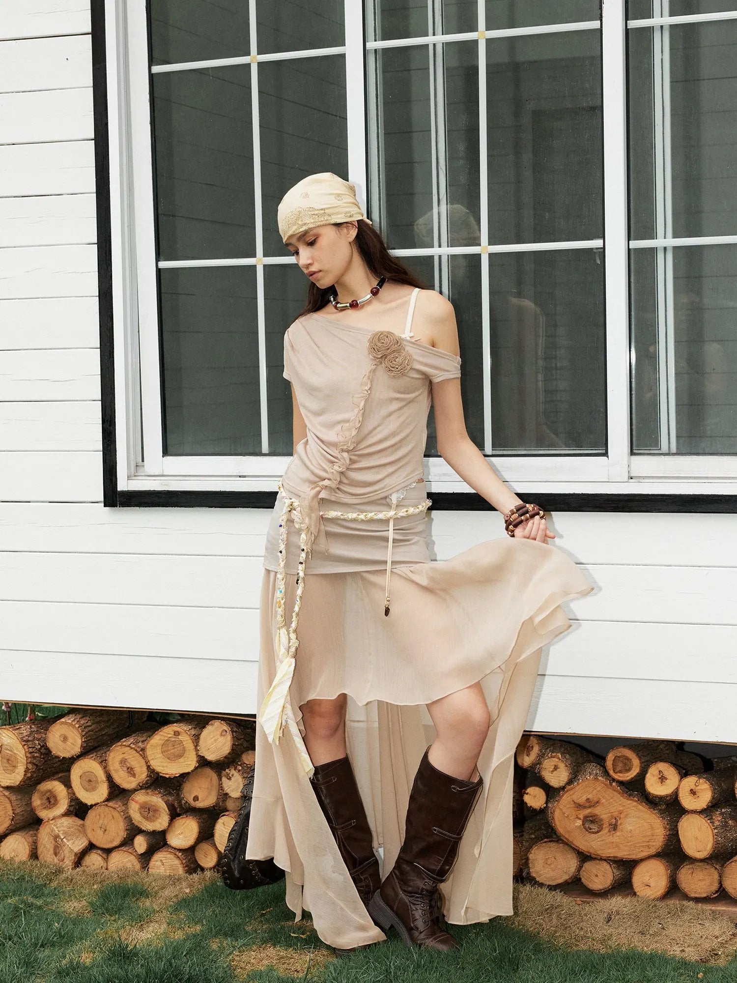 Textured Pleated Plaid Spliced Vagabond Chiffon Maxi Skirt