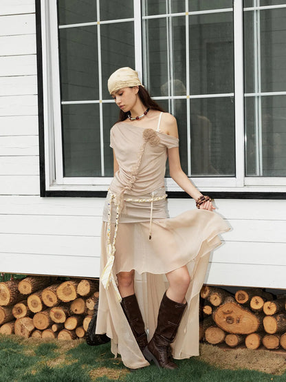 Textured Pleated Plaid Spliced Vagabond Chiffon Maxi Skirt