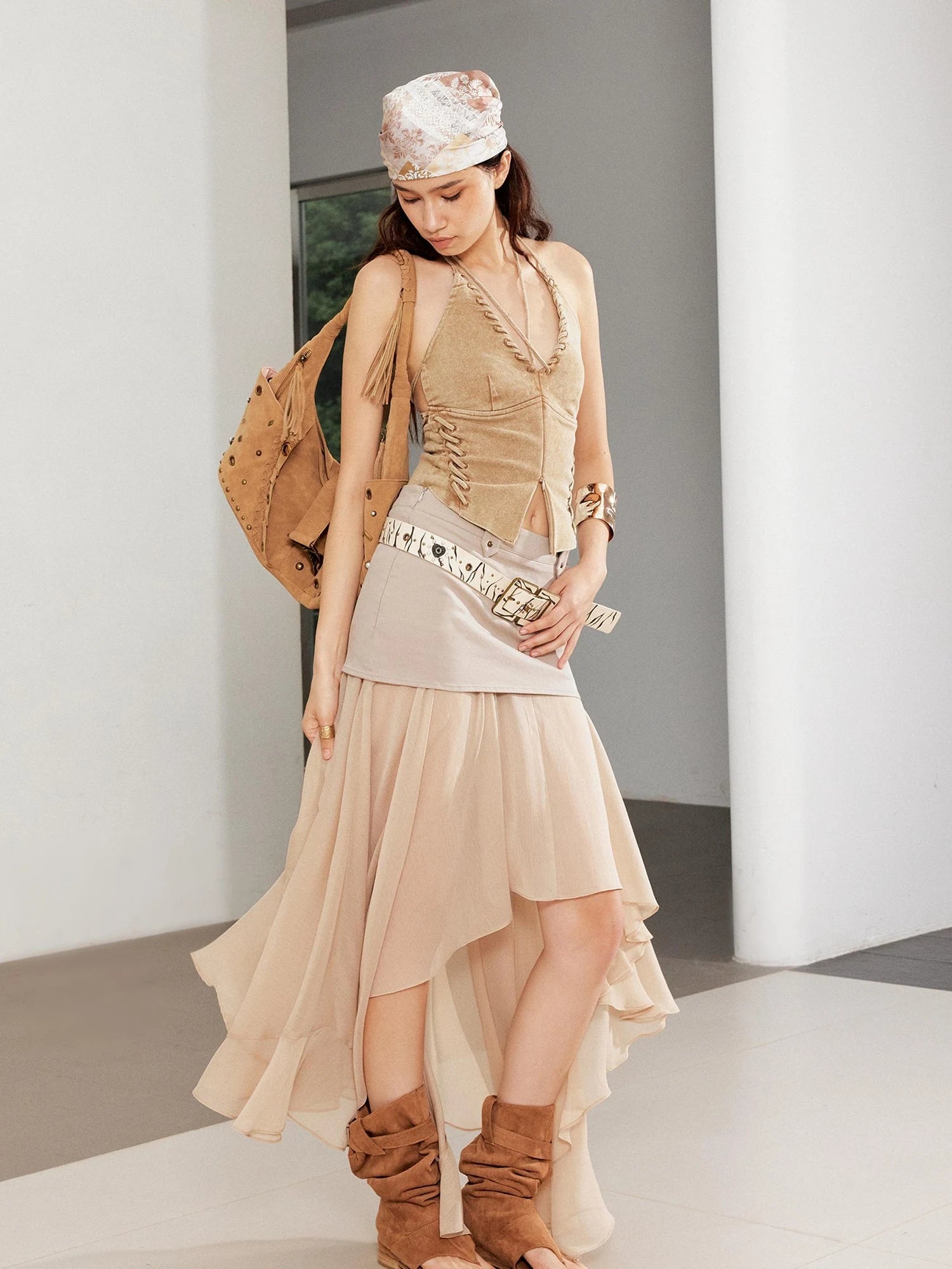Textured Pleated Plaid Spliced Vagabond Chiffon Maxi Skirt