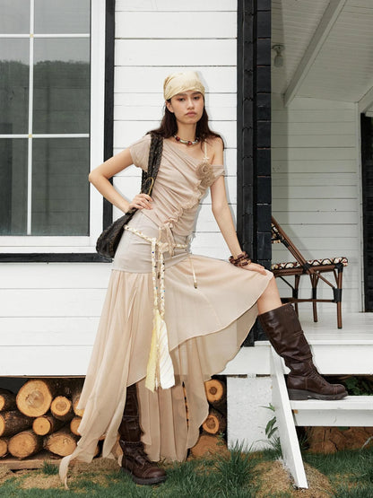Textured Pleated Plaid Spliced Vagabond Chiffon Maxi Skirt