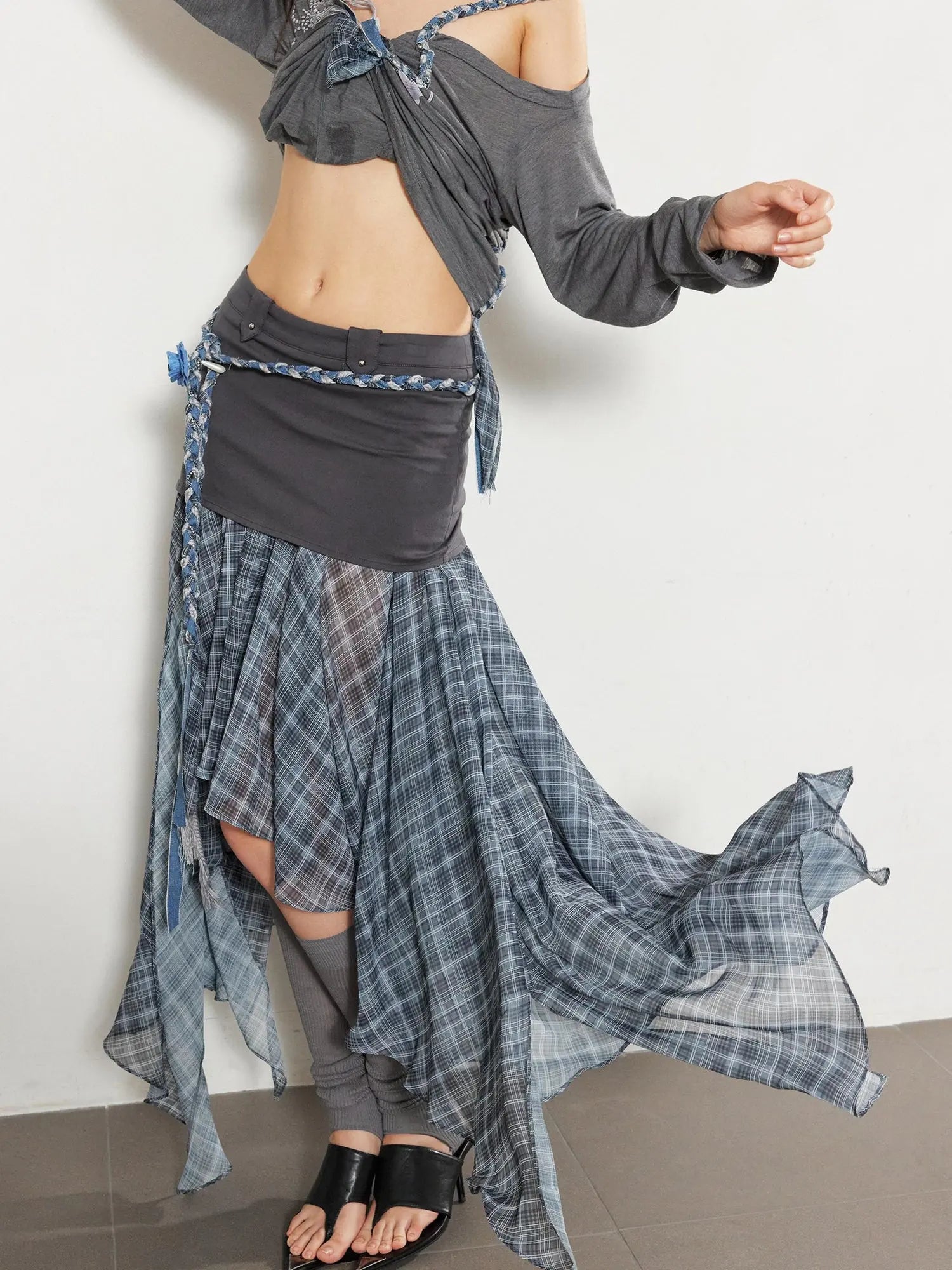 Textured Pleated Plaid Spliced Vagabond Chiffon Maxi Skirt