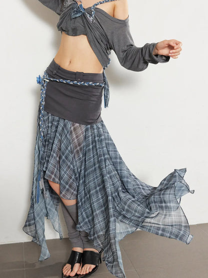 Textured Pleated Plaid Spliced Vagabond Chiffon Maxi Skirt