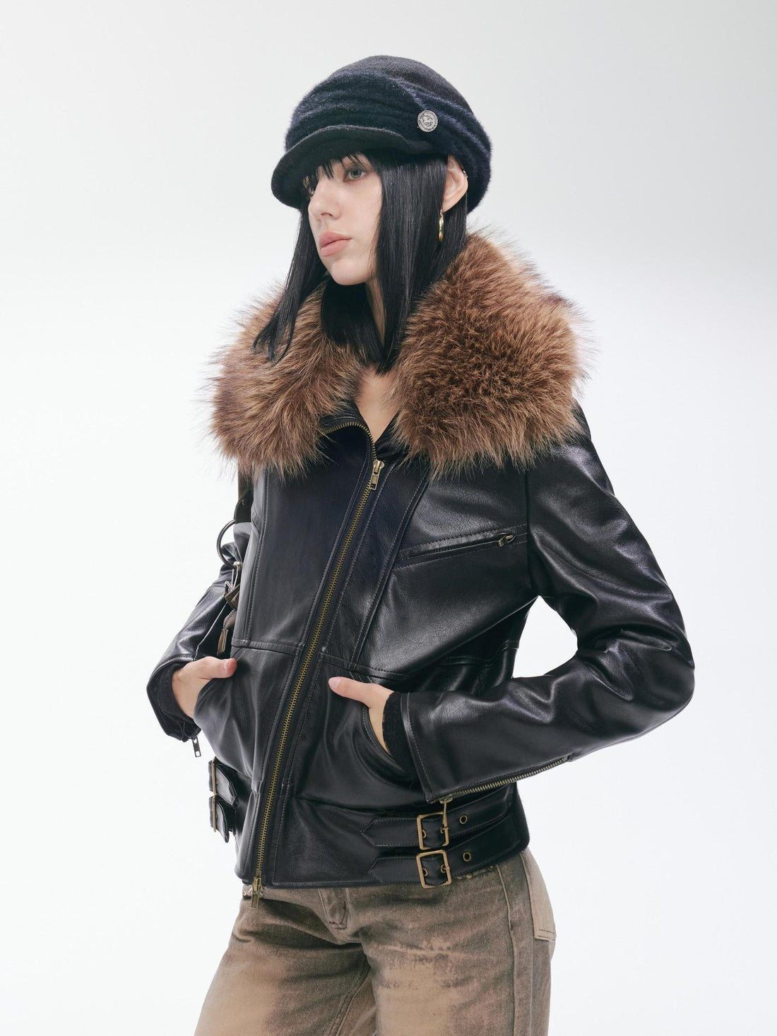 2th Desire Thick Detachable Fur Punk Straight Short Zipper Women Polyester Leather Jackets