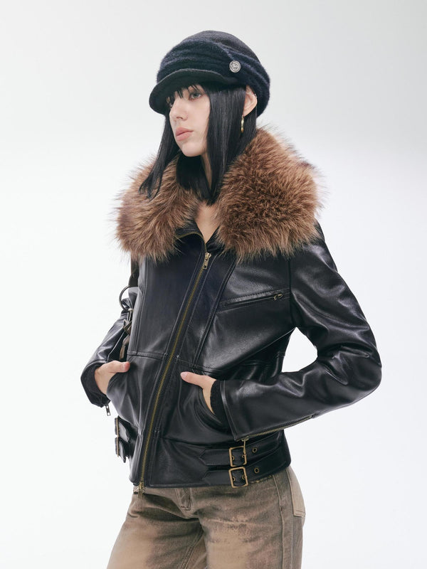 Thick Detachable Fur Punk Straight Short Zipper Women Polyester Leather Jackets
