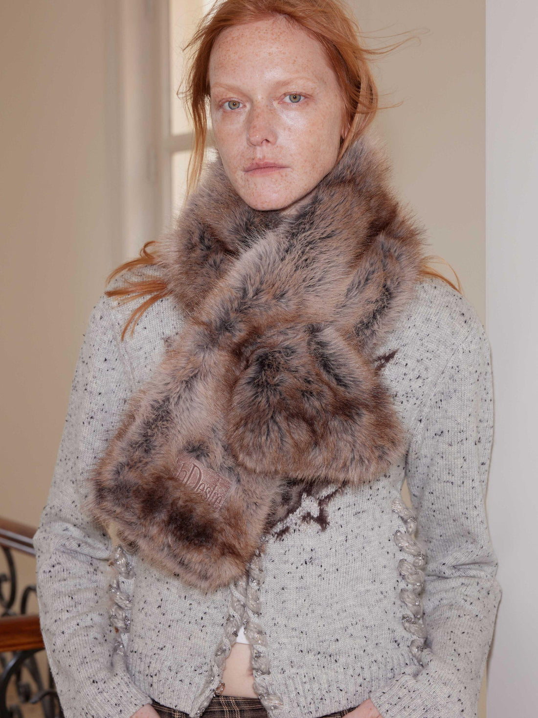 2th Desire Two Tone Faux Fur Scarf With Leather Label