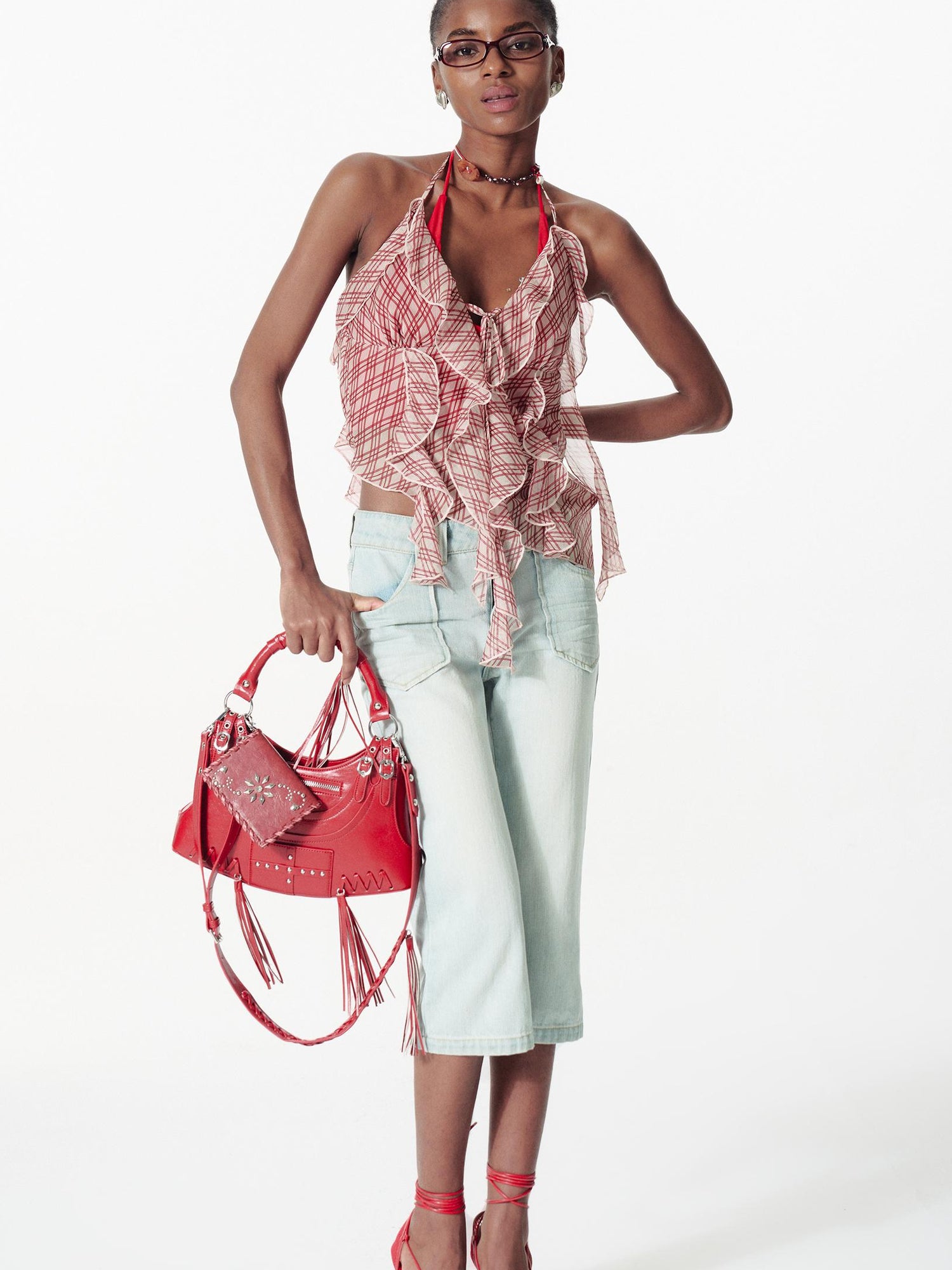 2th Desire V Neck Lace Up Backless Peplum Halter Top With Ruffles