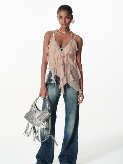 2th Desire V Neck Lace Up Backless Peplum Halter Top With Ruffles