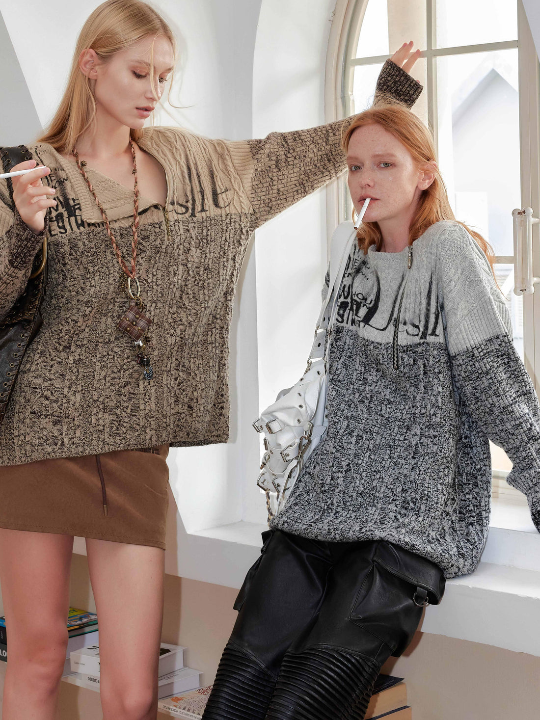2th Desire Vintage Abstract Print Oversized Zip Up Sweater