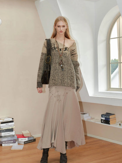 Vintage Abstract Print Oversized Zip Up Sweater