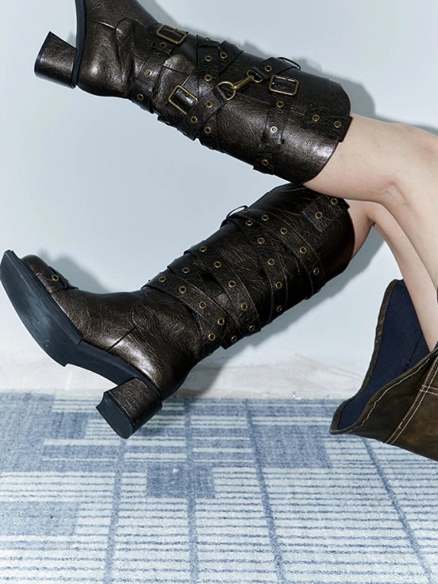 Vintage Black Brown Chunky Heel Knee High Boots