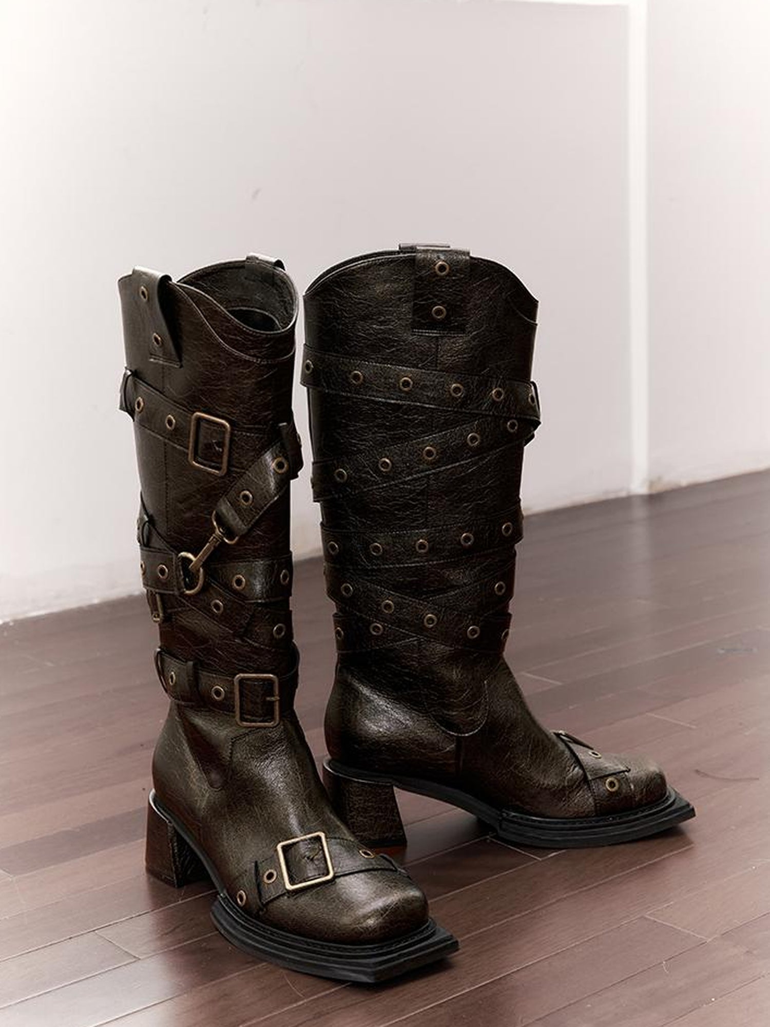 2th Desire Vintage Black Brown Chunky Heel Knee High Boots