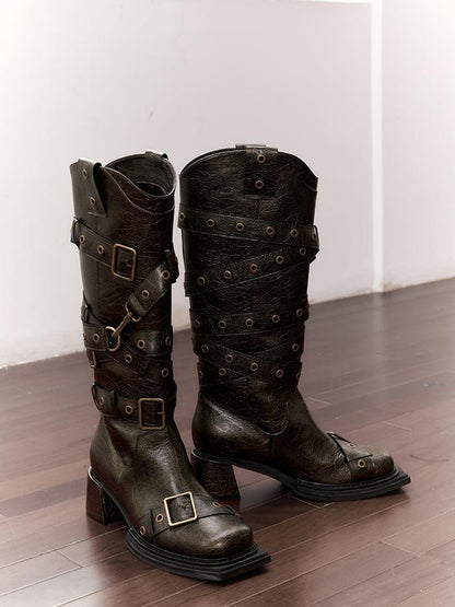 2th Desire Vintage Black Brown Chunky Heel Knee High Boots
