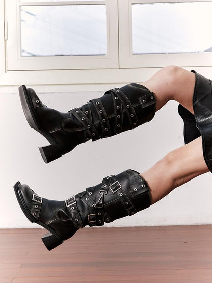 2th Desire Vintage Black Brown Chunky Heel Knee High Boots