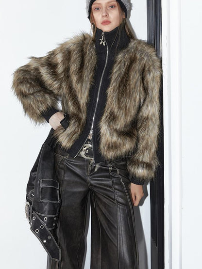 2th Desire Vintage Black Faux Fur Ribbed Short Jacket
