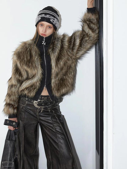 Vintage Black Faux Fur Ribbed Short Jacket