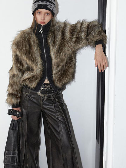 2th Desire Vintage Black Faux Fur Ribbed Short Jacket